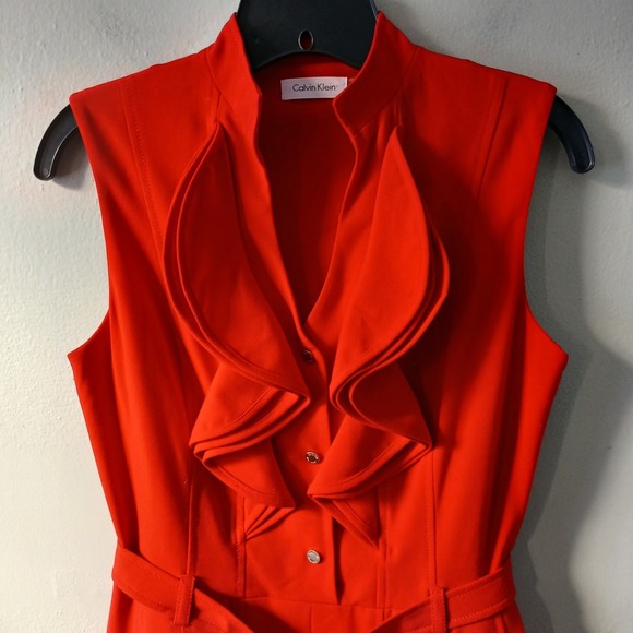 Calvin Klein Women's Size 4 Dress Knee Length Ruffle Belted Button Up Pleated - Picture 2 of 16